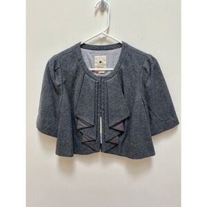 Elevenses Cropped Jacket Women 6 Gray Wool Blend Ruffle Front Short Sleeve New